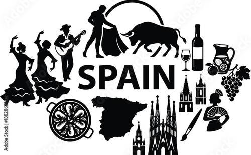 Spain travel silhouette collage with flamenco dancers, bullfighting, paella, wine, grapes, map and famous landmarks, cultural tourism icons isolated on white background.