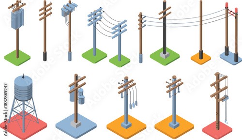 Isometric electric utility poles and transformers set power distribution infrastructure elements isolated on white background illustration