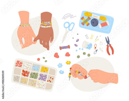 Diverse arms friendship handshake and hands crafting beaded bracelet heartwarming composition