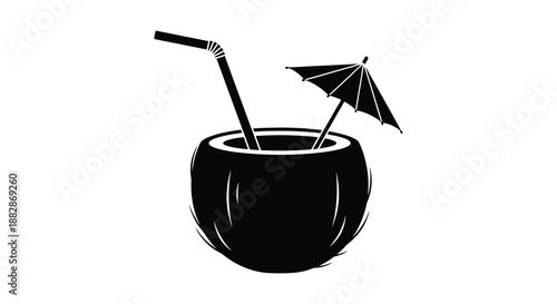 a detailed depiction of a tropical coconut drink with a straw and umbrella presented in a striking black silhouette high quality