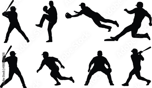 Set of baseball player silhouettes in action poses including batting, pitching, catching, running and fielding, black sport figures isolated on white background.