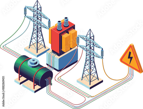 Isometric electrical power distribution illustration with transformers transmission towers cables oil tank industrial energy infrastructure 3d design isolated