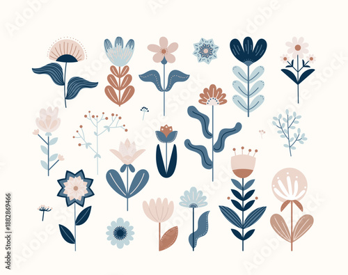 Set of Scandinavian folk flowers, symmetrical blossoms, botanical elements traditional spring décor