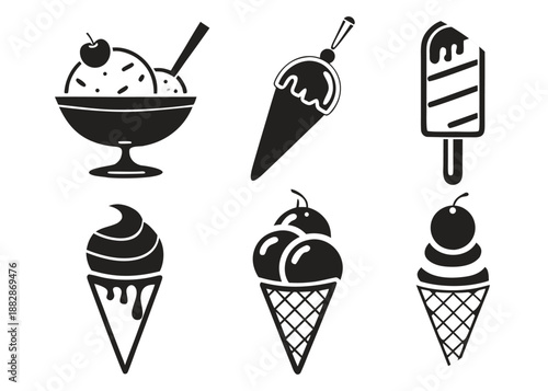Assortment of black and white ice cream and frozen dessert icons food sweet