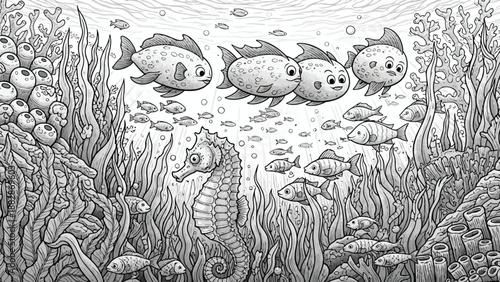 a detailed black and white drawing depicts an underwater scene with fish seahorse plants and various marine life