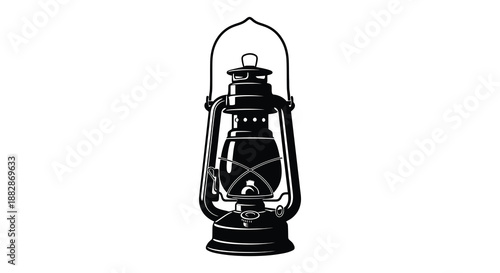 A detailed depiction of an antique oil lantern with a metal frame and glass enclosure presented as a striking silhouette