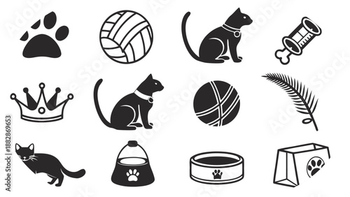 Assortment of Black Cat Icons and Pet Supplies on White Background kitten animal