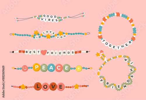 Colorful trendy collection of beaded friendship bracelet made with alphabet letters and phases
