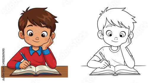 a colorful and black and white cartoon illustration depicting a young boy studying with a book and pencil