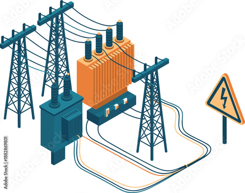 Isometric electrical power substation illustration with transformers, transmission towers, high voltage lines, energy infrastructure, grid technology, industrial engineering concept design