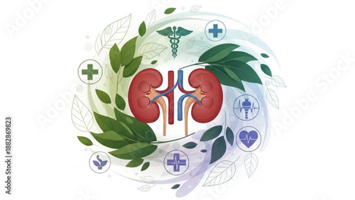 Kidney anatomy illustration with green leaves and medical symbols health and wellness concept