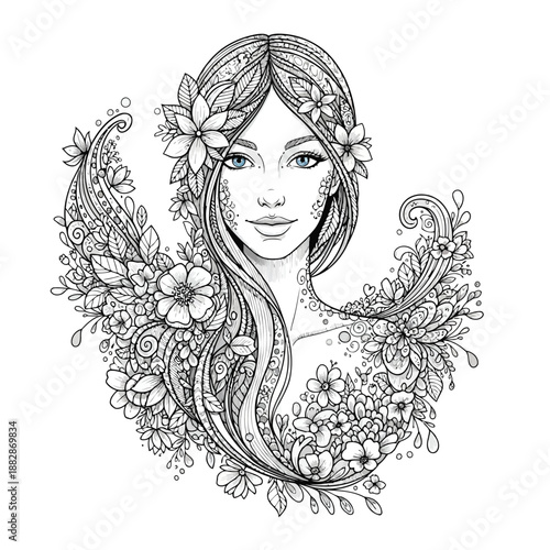 a detailed black and white illustration depicts a beautiful woman adorned with elaborate floral and leafy designs around