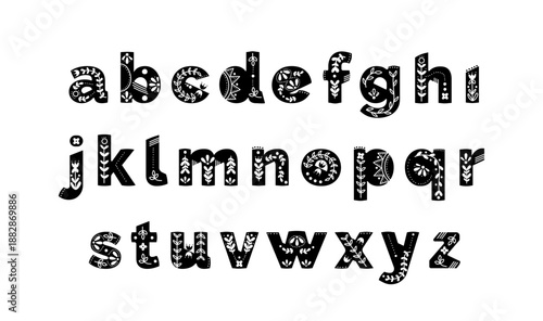Complete lowercase English alphabet set in black with letters decorated Scandinavian folk motifs