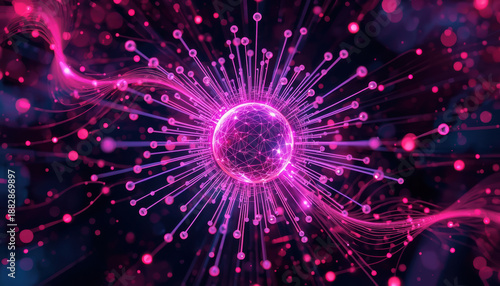 Neon pink digital particle nucleus with radiating network strands and glowing nodes