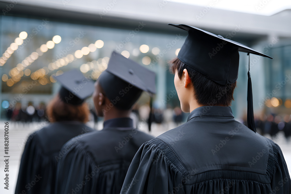 Obraz premium Group of graduates wearing black caps and gowns, standing together in a line, celebrating academic achievement, with blurred crowd and modern architecture in the background