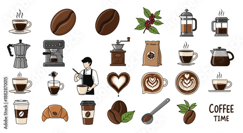 A comprehensive collection of coffee-themed illustrations featuring various brewing methods, beans, cups, and a barista, perfect for coffee lovers.