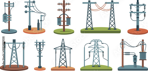 Isometric electricity transmission and distribution pole collection featuring transformers power lines utility infrastructure energy network illustration isolated set