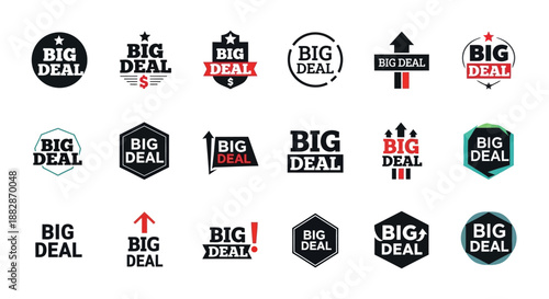 A collection of various 'BIG DEAL' logo designs and badges in black, white, and red, showcasing different typographic and geometric styles for promotions.