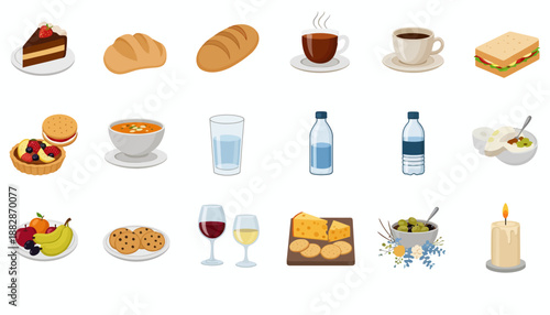 A diverse collection of illustrated food and drink items including cakes, bread, coffee, sandwiches, soup, water, fruits, cookies, wine, cheese, olives, and a candle, all on a white background.