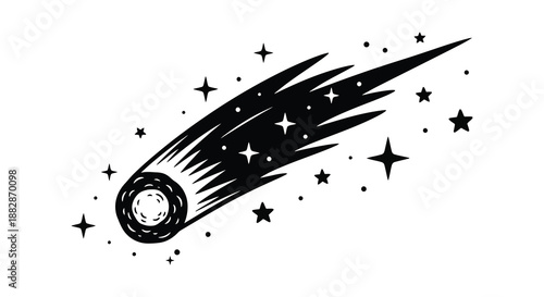 A striking illustration depicts a celestial event with a bright comet streaking across a starry night sky silhouette high quality professional