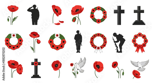 Collection of remembrance day icons featuring red poppies, soldier silhouettes, wreaths, crosses, and doves on a white background.