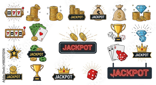 A collection of colorful casino and gambling icons, including slot machines, coins, cards, dice, and jackpot signs.