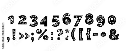 Nordic typography collection of Scandinavian numbers and math symbols adorned with folk art motifs