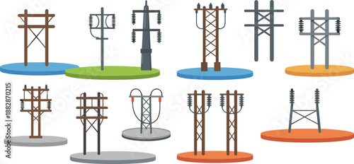 Isometric electricity transmission tower collection showing different power pole structures utility infrastructure energy distribution illustration isolated set