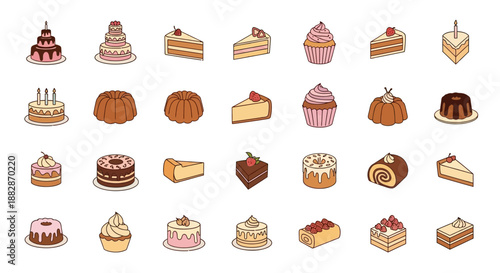 A large collection of various cakes, cupcakes, slices, and desserts in a colorful cartoon style, showcasing different types of sweet baked goods.