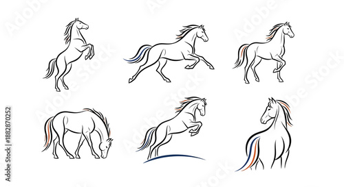 A collection of six minimalist line art illustrations depicting horses in various dynamic and static poses, showcasing different movements and actions.