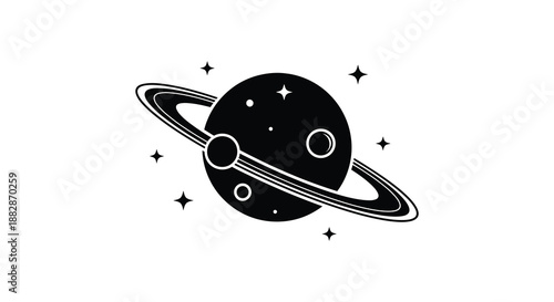 A minimalist depiction of a planet with rings and scattered stars presented as a striking black silhouette high quality professional detailed