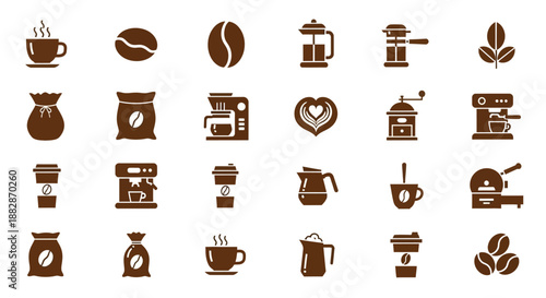 Collection of brown monochrome coffee icons, including cups, beans, makers, grinders, and bags, representing various aspects of coffee preparation and consumption.