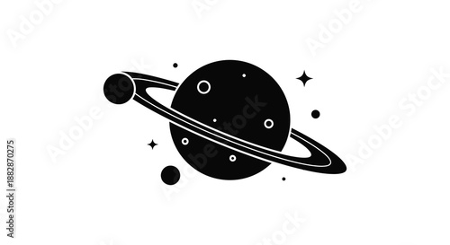 a black and white illustration of a planet with rings and moons in silhouette high quality professional detailed modern elegant stylish