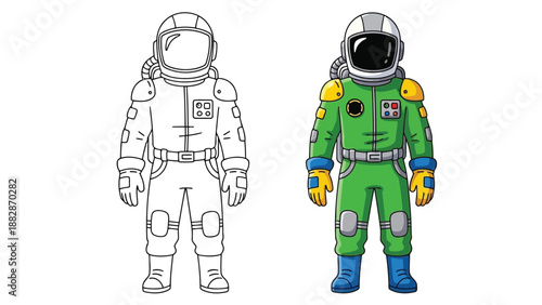 a cartoon depiction showcasing two astronaut suits one in black and white and another with vibrant colors