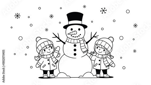 a charming black and white illustration depicts a snowman with children celebrating winter and snowy weather