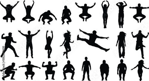 Set of jumping and dancing people silhouettes in energetic poses, black vector collection for fitness, celebration, sport activity, motion design, and lifestyle graphics.