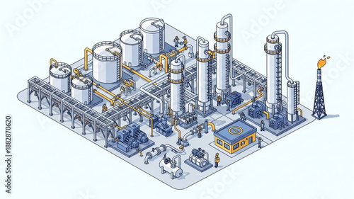 Industrial Chemical Plant Complex with Towers and Tanks.