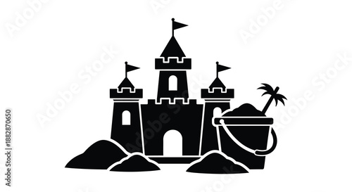 a striking black silhouette depicts a fairytale castle with turrets palm trees and a treasure chest on a sandy hill silhouette
