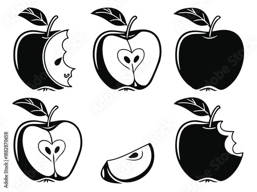 Black and white apple illustrations showing bitten halves and slices fruit food