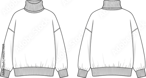 Turtleneck sweater technical drawing showing front and back views with ribbed collar and cuffs, clean vector outline for knitwear fashion design and apparel templates.