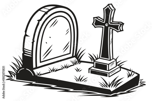 Black and White Illustration of a Gravestone and Cross in a Cemetery tombstone headstone