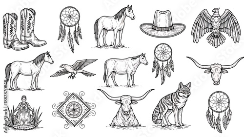 Black and white vintage line drawing illustrations of various western themed icons including animals, hats, and dreamcatchers on a plain white background.