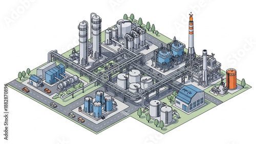 Industrial Chemical Plant Complex Isometric View.