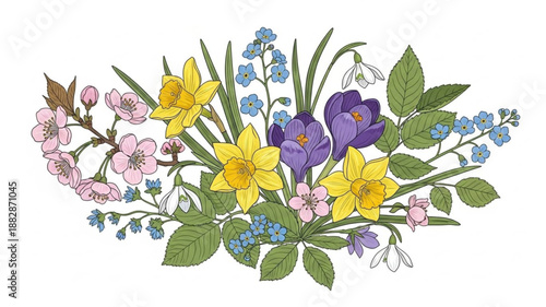 Spring Flower Arrangement with Daffodils and Roses.