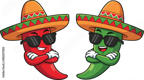 Funny chili pepper characters wearing sombrero hats and sunglasses, red and green cartoon jalapeno mascots for Mexican food branding, fiesta design, and stickers.