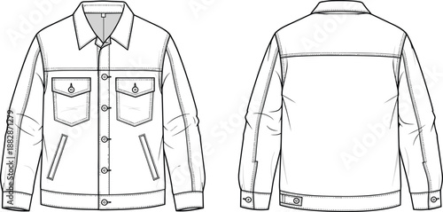 Men’s casual jacket technical drawing showing front and back views with chest pockets, buttons, and seam details, clean vector outline for apparel design templates.