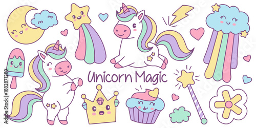 Magical kawaii unicorn and rainbow doodle set with colorful pastel cityscape and fairytale elements