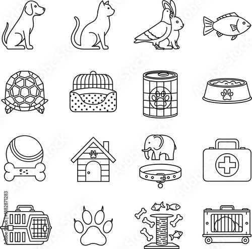 Professional minimalist vector icon set for pet care veterinary services and domestic animal supplies.