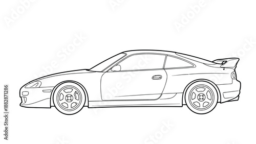 a detailed black and white line drawing depicts a sleek sports car with a prominent rear spoiler design