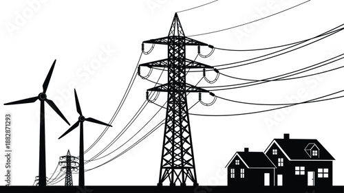 Power transmission silhouette with electric pylons, high voltage lines, wind turbines and houses, black energy infrastructure illustration for renewable electricity and grid concept.
